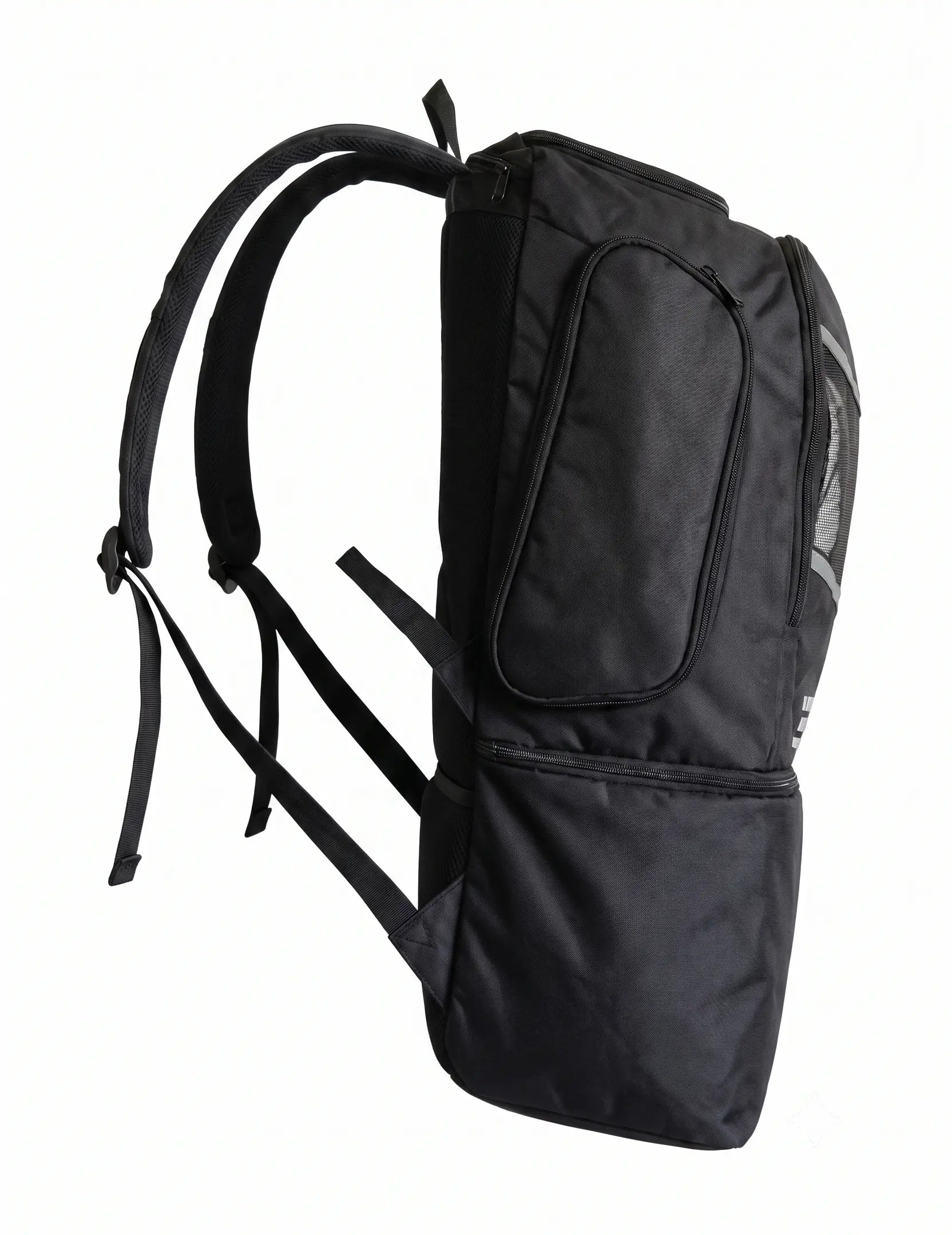 A black backpack with dual front zippered pockets and padded shoulder straps, shown from a side profile on a plain white background.