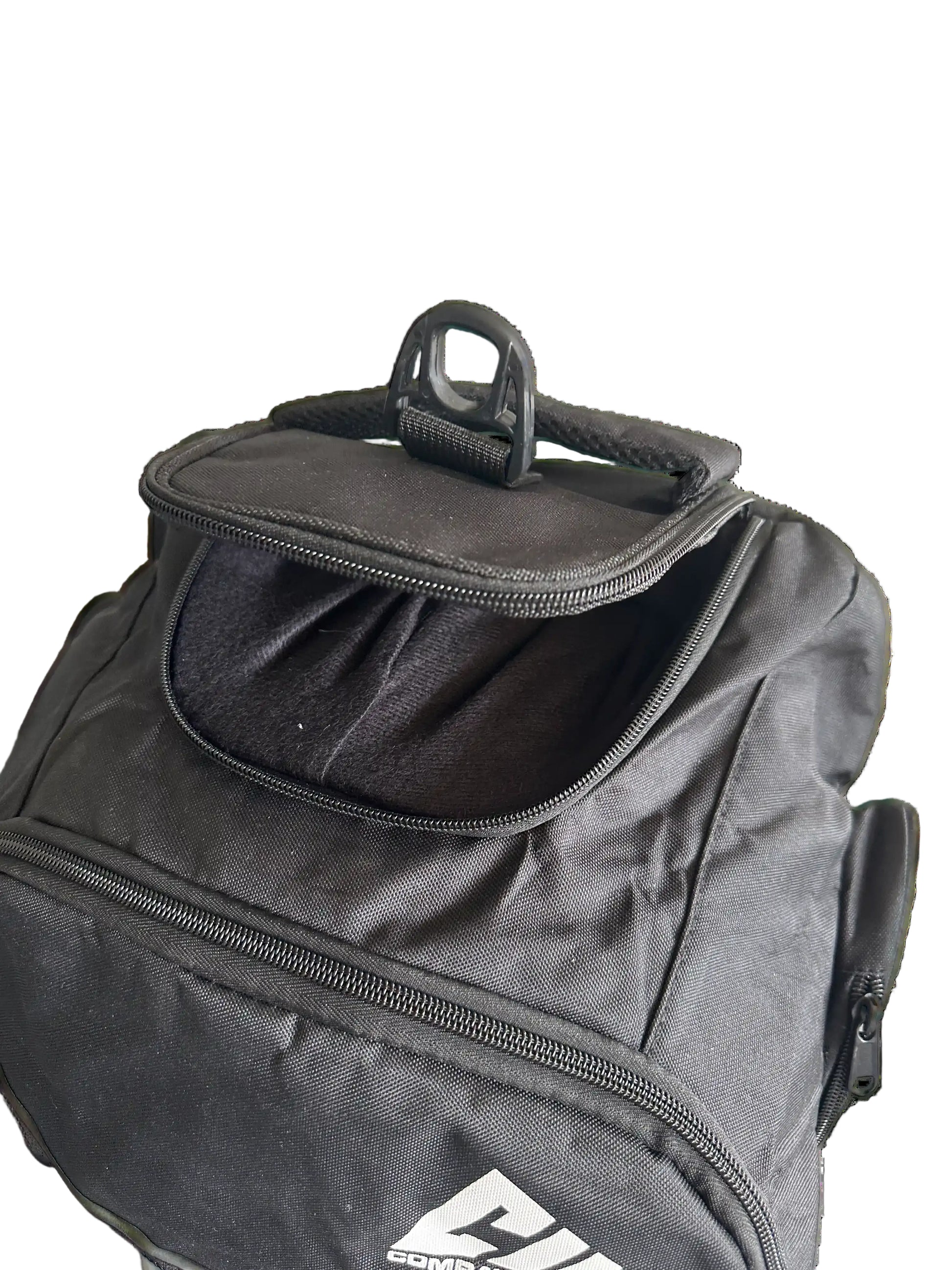 A close-up shows a very useable top zipper pocket and and plastic hook for shoulder strap. 