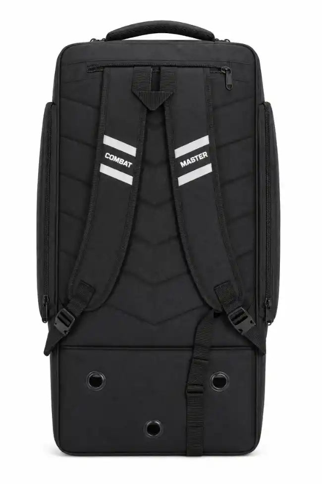 Black expandable dual compartments  backpack shown from the back, featuring padded shoulder straps with white reflecting Logo 'COMBAT' and 'MASTER' text, a top carry handle, and a bottom compression strap on a white background.